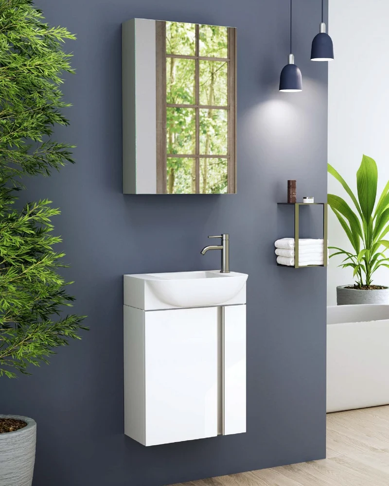 Versa 45 Mueble de Baño Suspendido a Pared Fondo Reducido | Mueble Aseo Volado Pequeño de 1 Puerta y Lavabo Cerámico | 45cm | Blanco Brillo