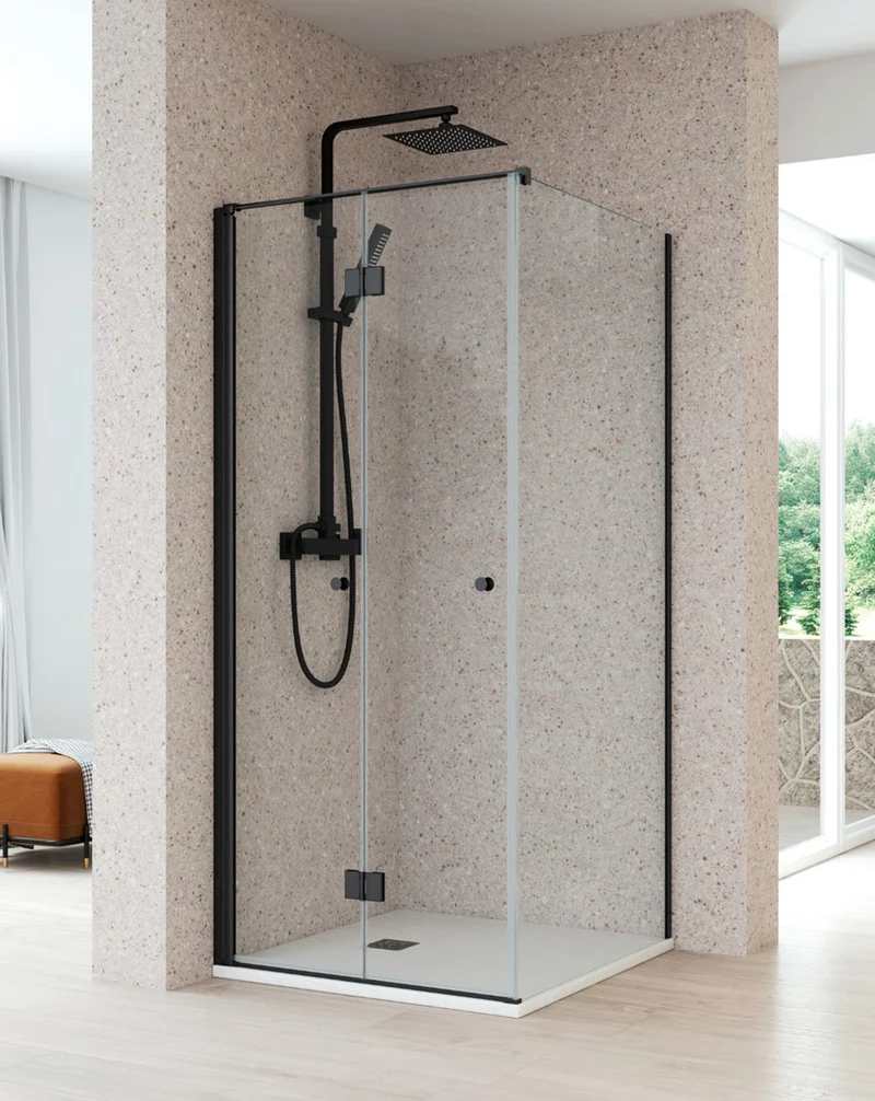Vera Mampara de Ducha Rectangular Puerta Plegable 1 Fijo Latetal | 6mm Antical 195cm Altura | Negro Mate