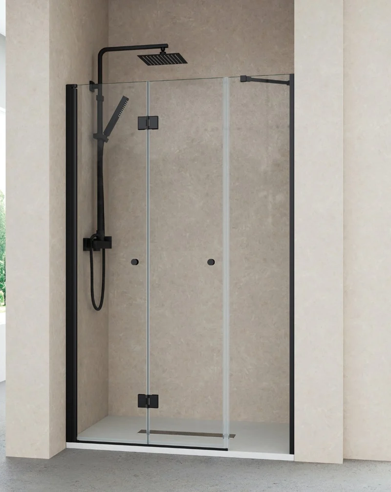 Vera Mampara de Ducha Frontal Puerta Plegable + 1 Fijo | Vidrio 6mm con Antical | 195cm Altura | Negro Mate