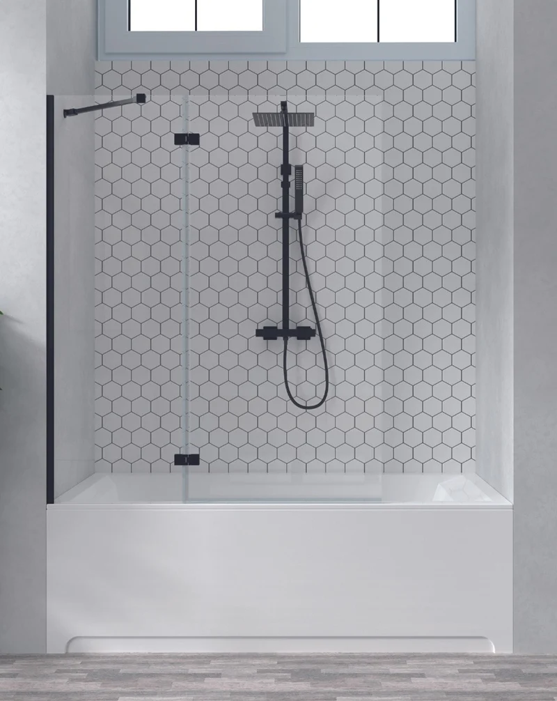 Zahara Mampara de Bañera Fijo de Ducha + 1 Puerta Abatible | Vidrio Templado 6mm Antical | 150cm Altura | 50+70cm | Negro Mate