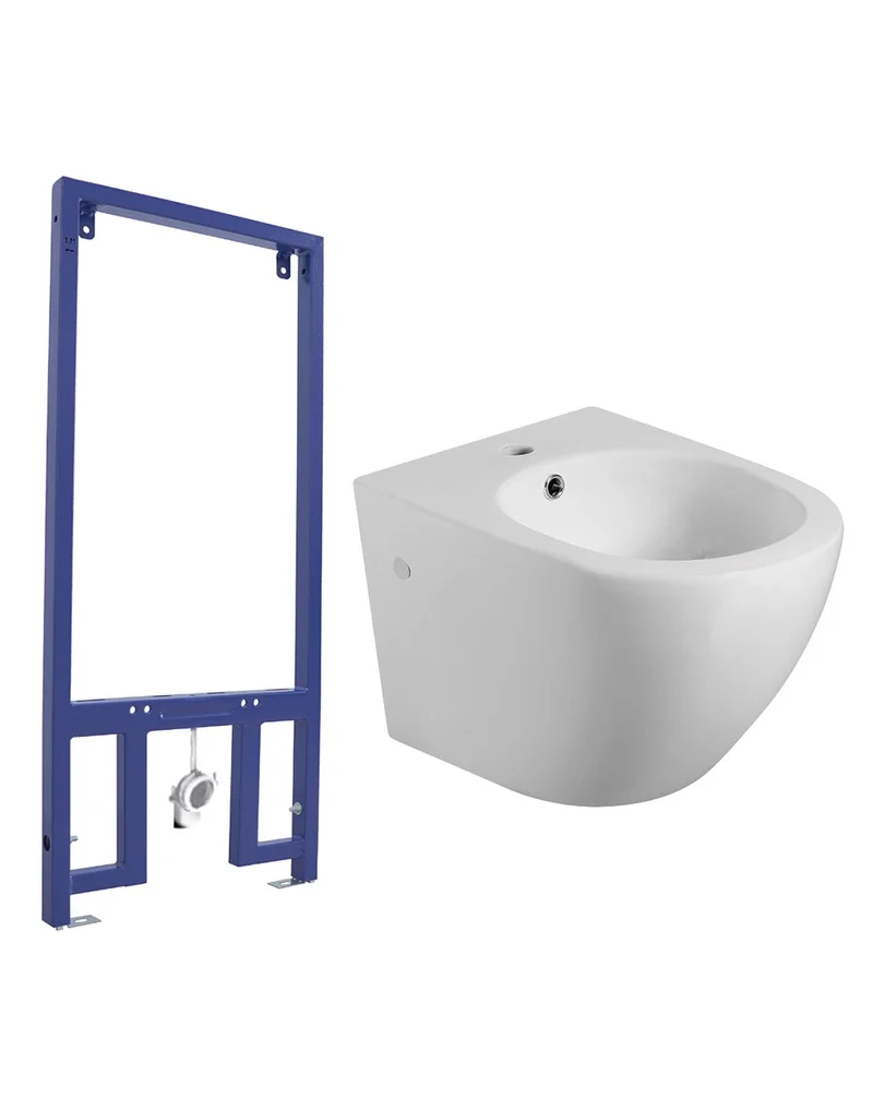 Pack Bidet Suspendido Cerámico de Baño con Bastidor para Bidé | Moderno y Fácil Limpieza Acompañado de Bastidor | Blanco Mate