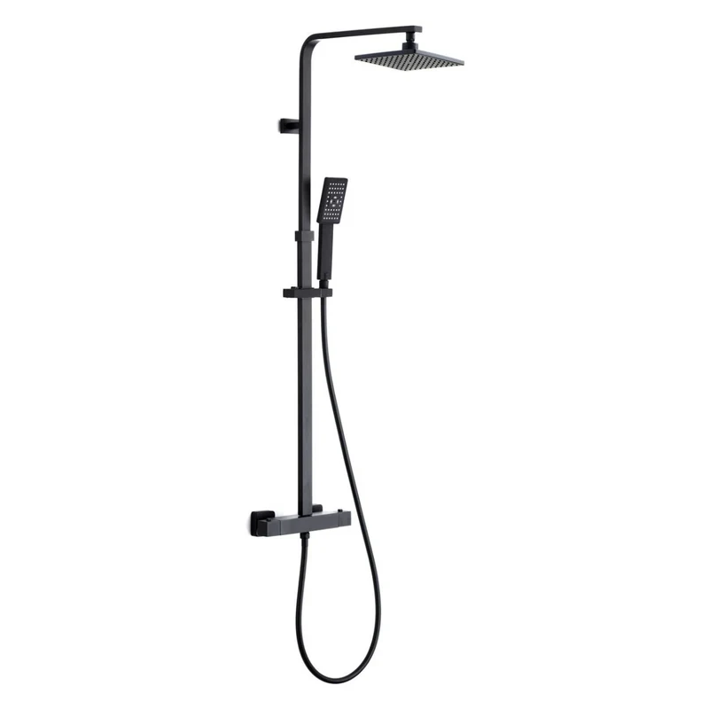 Skara Columna Ducha Termostática Cuadrada | Grifo Alcachofa Manguera y Rociador Lluvia 25x25cm | Negro mate