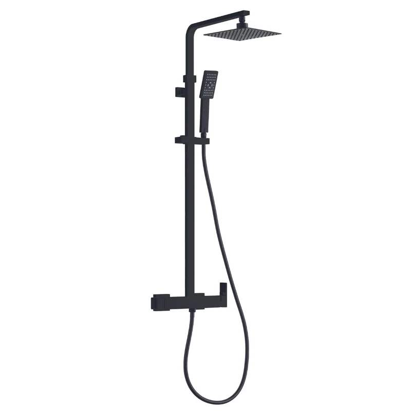 Skara Columna Ducha Monomando Cuadrada | Extensible con Grifo Alcachofa Manguera y Rociador Lluvia 25x25cm Cuadrada | Negro