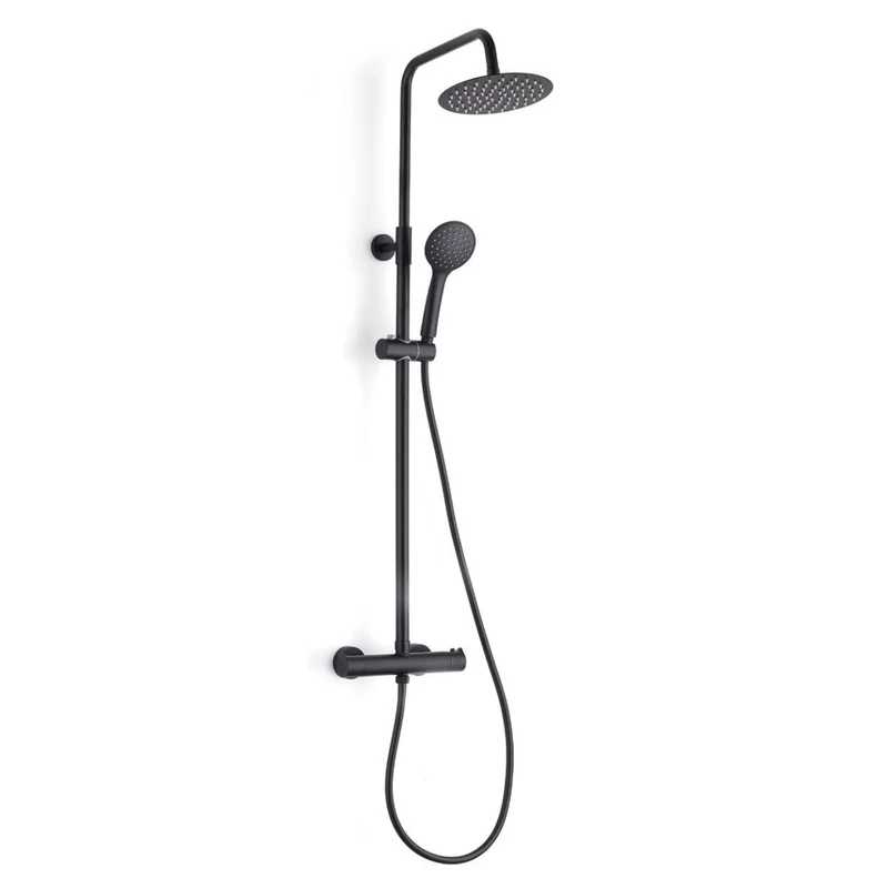 Ergos Columna Ducha Termostática | Extensible con Grifo Alcachofa Manguera y Rociador Lluvia 25x25cm Redonda | Negro