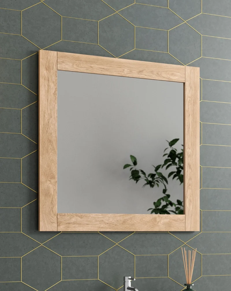 Toscana Espejo de Pared Rectangular sobre Base de Madera | Espejo Decorativo Rectangular| Espejo de Baño Rectangular 60-80-100cm | Roble natural