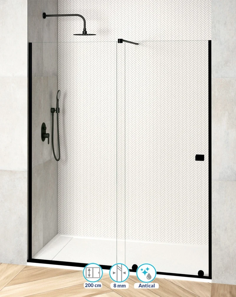 Málaga Mampara Ducha Frontal 1 Puerta 1 Fijo | Vidrio Templado 8mm Antical Transparente | Altura 200cm | Negro Mate