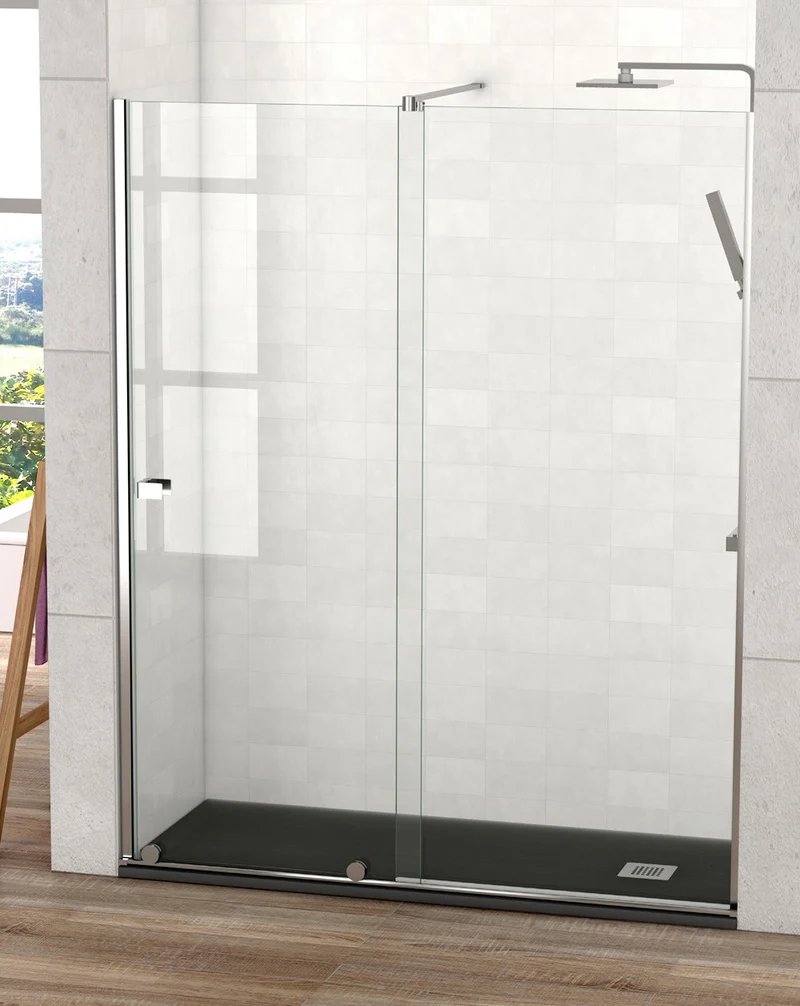 Málaga Mampara Ducha Frontal 1 Puerta 1 Fijo | Vidrio Templado 8mm Antical Transparente | Altura 200cm | Cromo Brillo