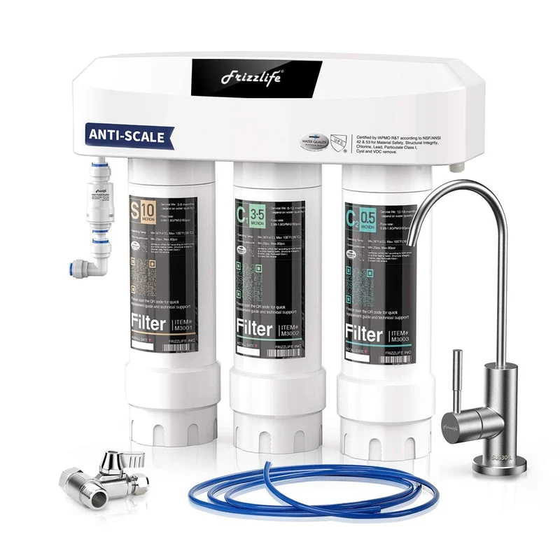 Sistema de filtro de agua Frizzlife para debajo del fregadero con grifo de níquel cepillado SP99-Scale