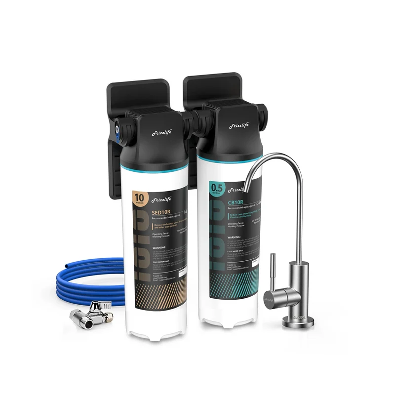 Sistema de filtro de agua bajo fregadero Frizzlife DW10F/DW15F con grifo de níquel cepillado y elementos con certificación NSF/ANSI 53 y 42