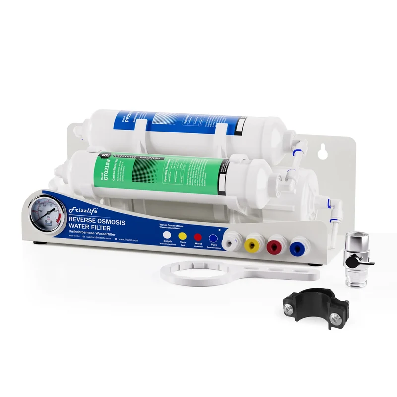 Sistema de ósmosis inversa para acuarios Frizzlife BFRO100, sistema de filtrado de agua potable de 3 etapas para encimera con manómetro, compacto, 100 GPD
