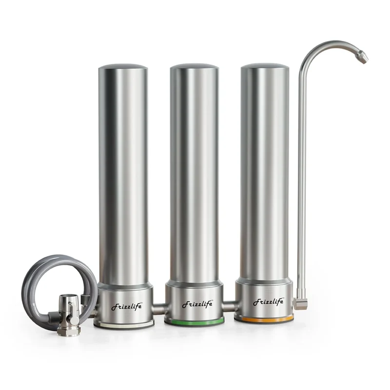 Sistema de filtrado de agua para encimera Frizzlife TS99-S, filtración de agua de grifo de acero inoxidable de 9 etapas, elementos certificados por NSF de 0.5 micrones que reducen el 99.99 % de plomo, cloro, metales pesados, sarro y cal