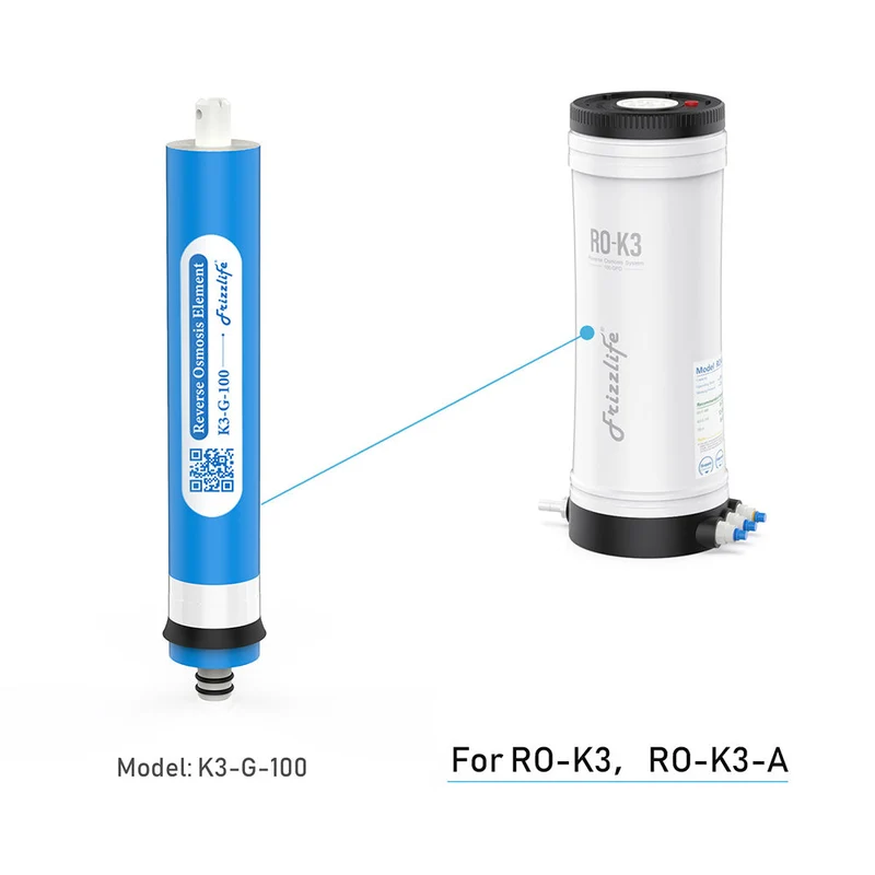 Cartucho de filtro de repuesto Frizzlife K3-G-100 para sistemas de ósmosis inversa (RO) debajo del fregadero RO-K3 y RO-K3-A (segunda etapa)