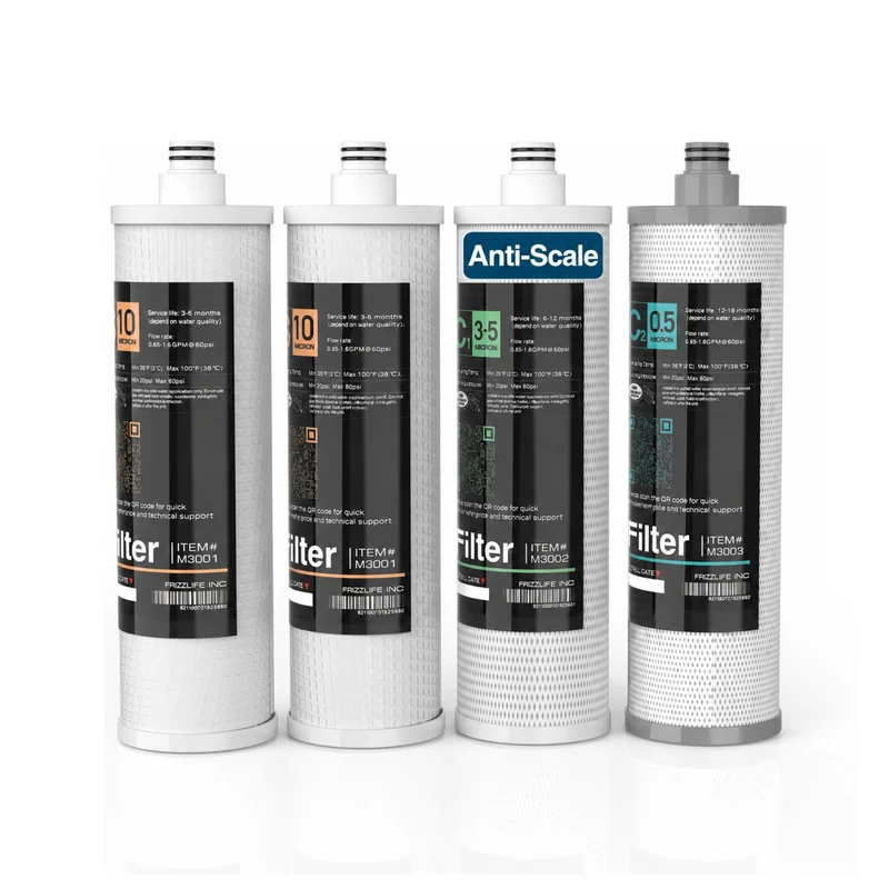 Juego de cartuchos de filtro de repuesto Frizzlife M3005 (paquete de 4) para sistemas de filtrado de agua debajo del fregadero SK99 y SP99