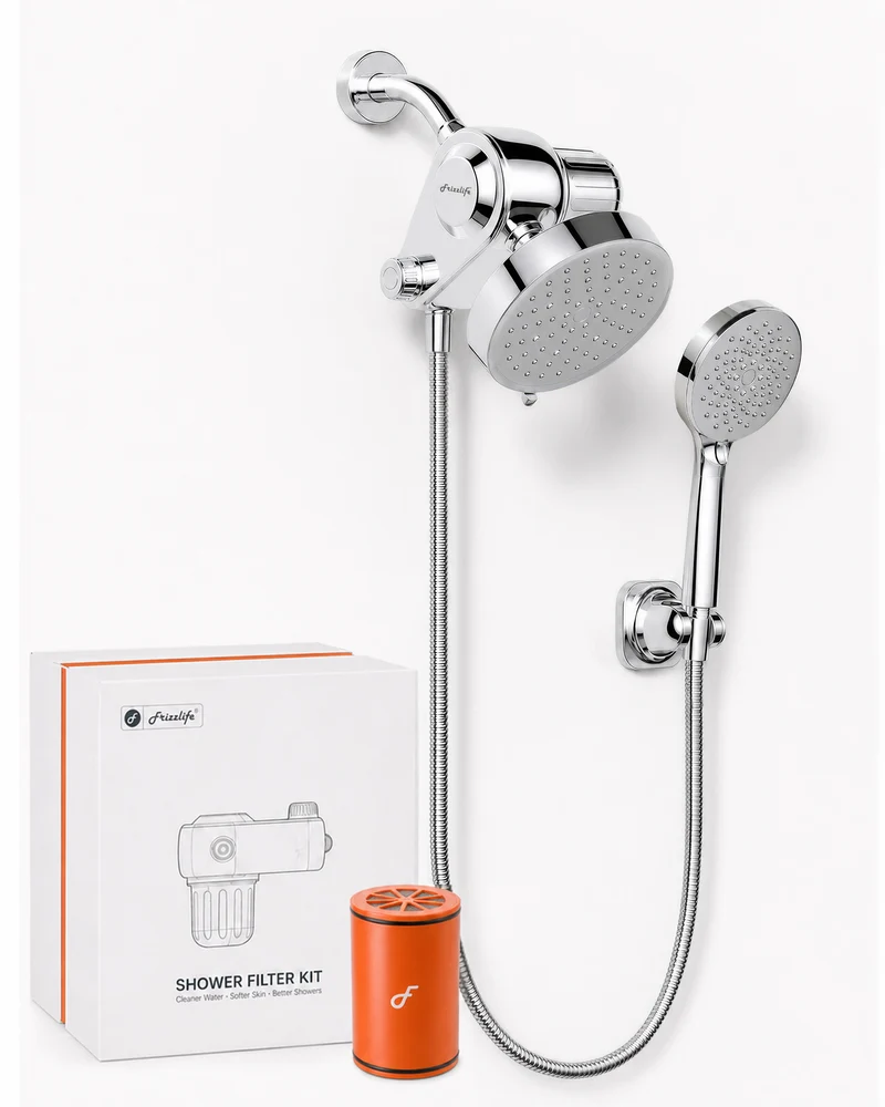 Frizzlife Dual Filtered Shower Head Combo, Rainfall Showerhead with Handheld, Both Heads Filtered, KDF-55 and Calcium Sulfite Filter, Reduces Chlorine, High Pressure, Ideal for Homes with Hard Water