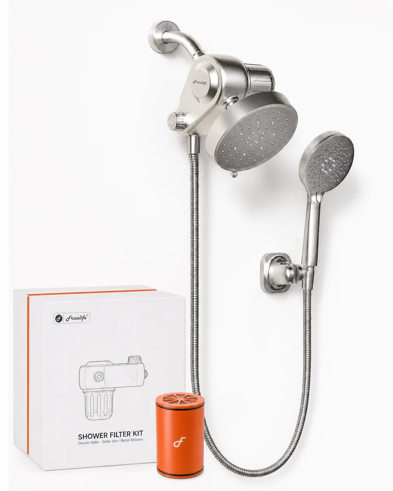 Frizzlife Dual Filtered Shower Head Combo, Rainfall Showerhead with Handheld, Both Heads Filtered, KDF-55 and Calcium Sulfite Filter, Reduces Chlorine, High Pressure, Ideal for Homes with Hard Water