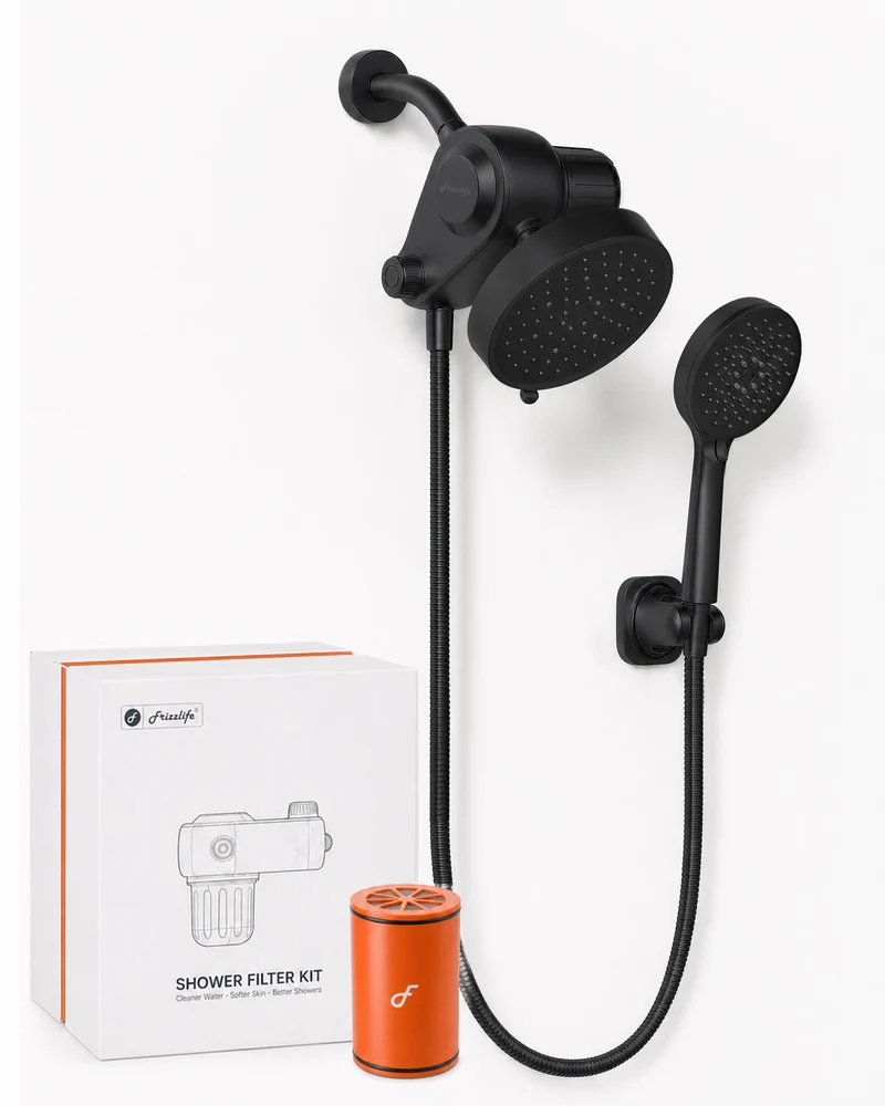 Frizzlife Dual Filtered Shower Head Combo, Rainfall Showerhead with Handheld, Both Heads Filtered, KDF-55 and Calcium Sulfite Filter, Reduces Chlorine, High Pressure, Ideal for Homes with Hard Water
