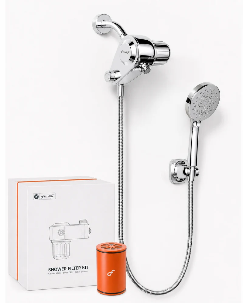 Frizzlife Dual-Outlet Shower Filter with Handheld Sprayer, Keeps Existing Fixed Shower Head, Both Heads Get Filtered Water, High Pressure 3-Mode, 210g KDF-55 and Calcium Sulfite, Reduces Chlorine