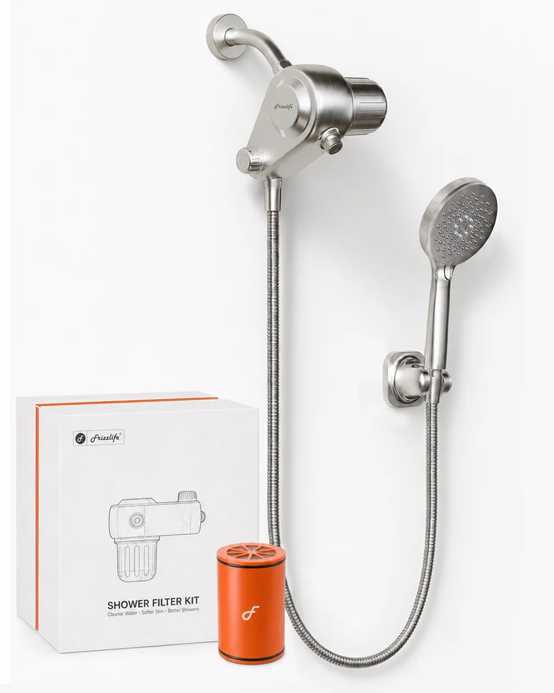 Frizzlife Dual-Outlet Shower Filter with Handheld Sprayer, Keeps Existing Fixed Shower Head, Both Heads Get Filtered Water, High Pressure 3-Mode, 210g KDF-55 and Calcium Sulfite, Reduces Chlorine