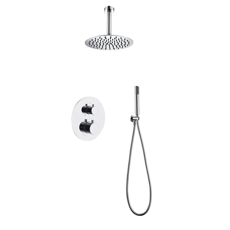 Chicago | Grifo de ducha Termonstática | Rociador de acero inox. S.304 Ø25 cm, extraplano y antical | Tubo de salida Techo