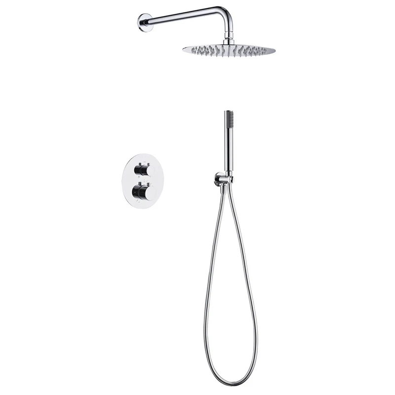 Chicago | Grifo de ducha Termonstática | Rociador de acero inox. S.304 Ø25 cm, extraplano y antical | Tubo de salida Pared