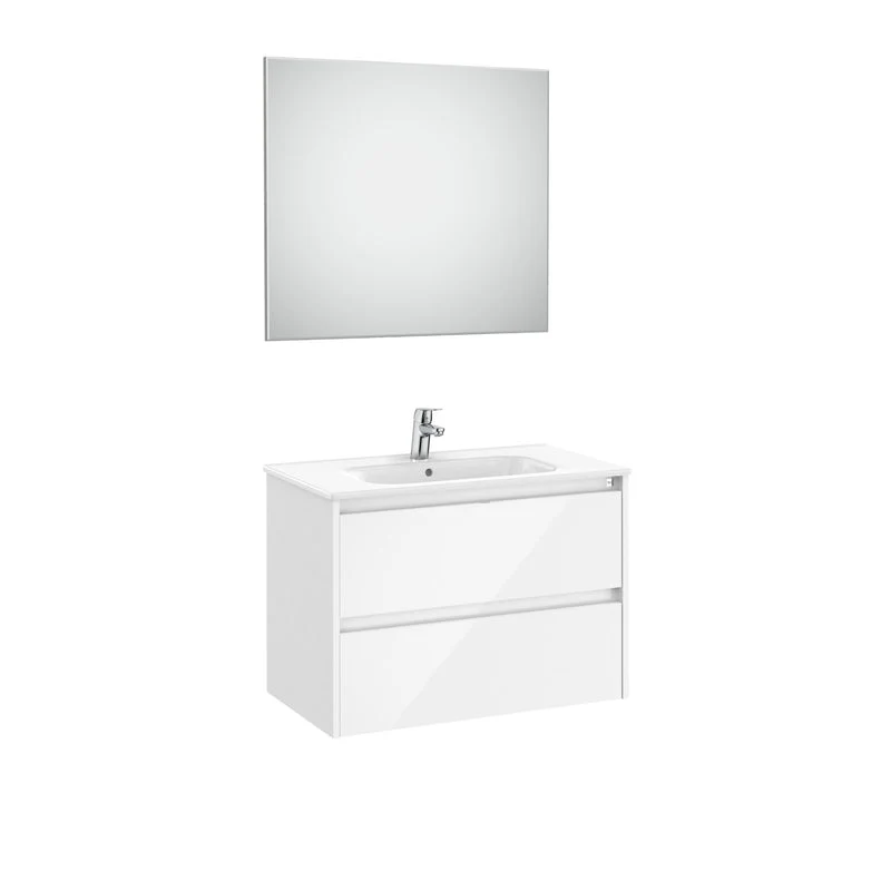 Roca - Mueble base Tenet Pack de dos cajones, lavabo, espejo y aplique LED Blanco Brillo