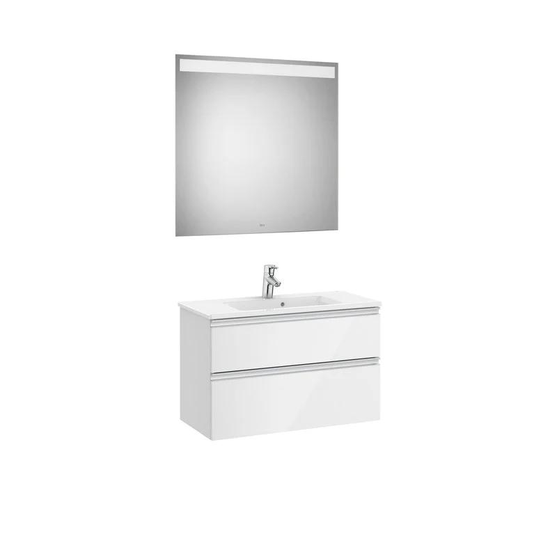Roca - Mueble base The Gap Pack compacto de dos cajones, lavabo centrado y espejo LED Eidos Color Blanco Brillo