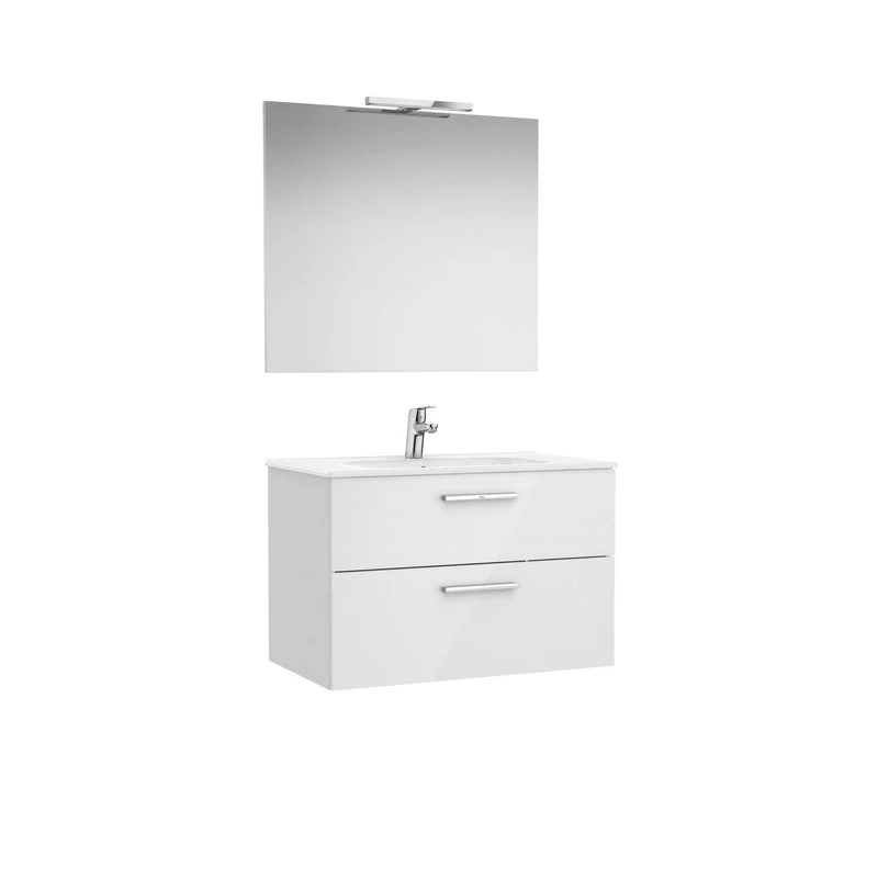 Roca - Victoria Mueble base Pack de dos cajones, lavabo, espejo y aplique LED Starlight Blanco brillo
