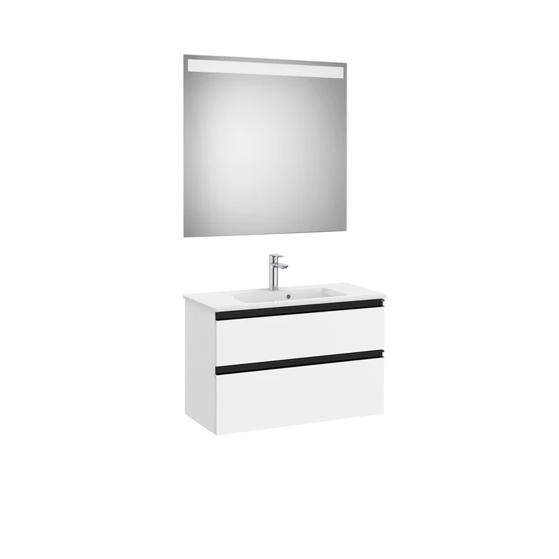 Roca - Mueble base The Gap Pack compacto de dos cajones, lavabo centrado y espejo LED Eidos