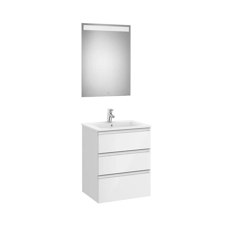 Roca - Mueble base The Gap Pack de tres cajones, lavabo centrado y espejo LED Eidos
